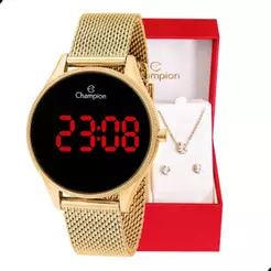 Relógio Champion Feminino Digital Led Dourado Vermelho + Kit Colar e Brincos Original +CH40133V Relógio Digital Feminino