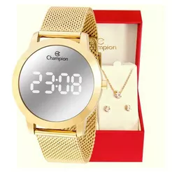 Relógio Feminino Champion Digital Espelhado Dourado Mesh Original + Conjunto Colar e Brinco CH40106B Relógio Feminino