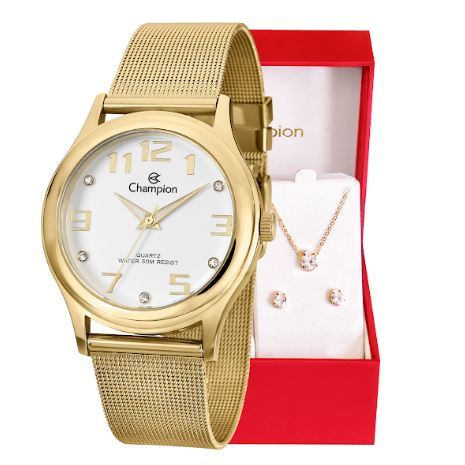 Relógio Champion Feminino Analógico Dourado + Kit Semi Joia Original À Prova D'Água Barato CN29007W