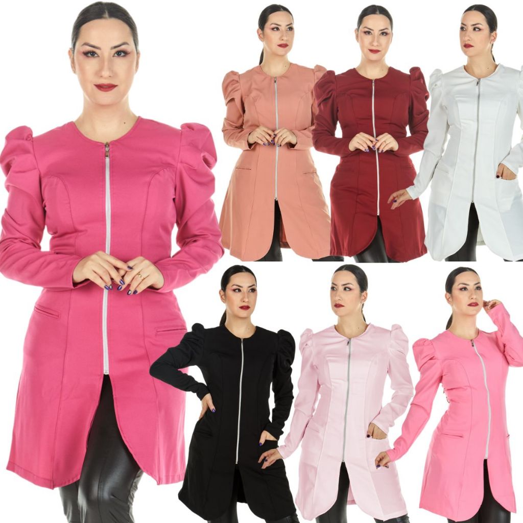 Jaleco Feminino PLUS SIZE Manga Longa Bufante Princesa Acinturado Várias Cores Profissional Esteticista Dentista Nail Designer Salão de Beleza Estudante