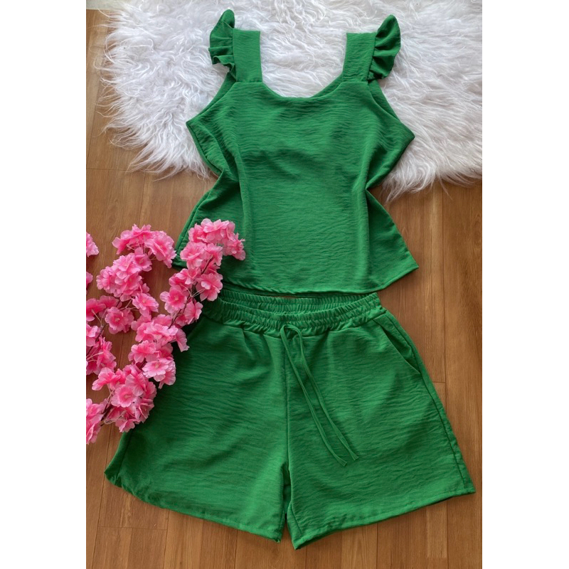 Conjunto Feminino Short e blusa de alça moda verão de 2 peças Plus size moda maior curve no tecido crepe dunas.