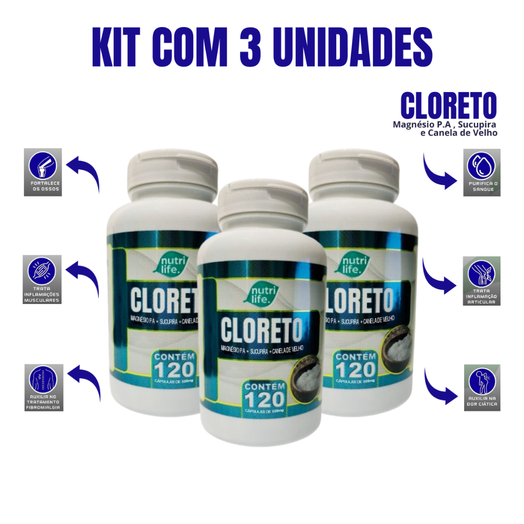 Cloreto De Magnésio P.A + Canela De Velho + Sucupira + Suplemento 120 Cápsulas 500 mg - Kit Com 3 Unidades