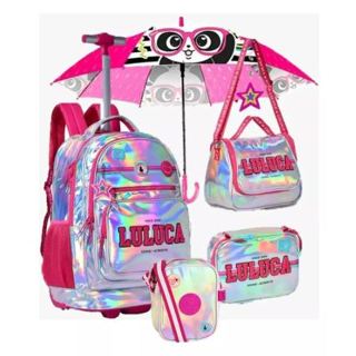 Kit Mochila Rodinha Luluca Holográfica Completo Com 5 Itens