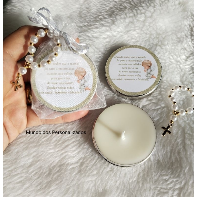 10 velas Luxo no saquinho de organza e Mini terço lembrancinha de batizado