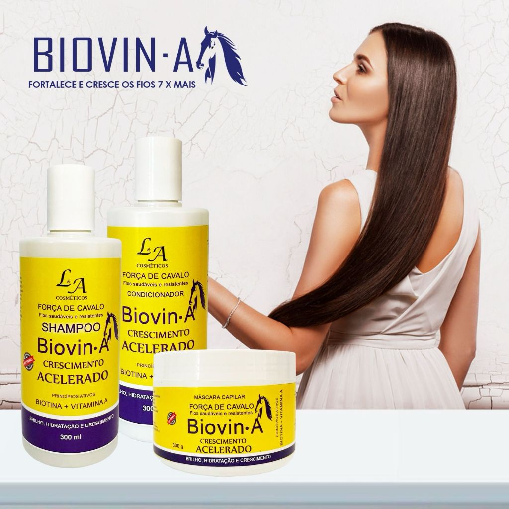 Kit Crescimento Acelerado Força de Cavalo Biovin-A Shampoo Condicionador e Máscara Hidratante para Tratamento Capilar - L&A Cosméticos Pronta Entrega