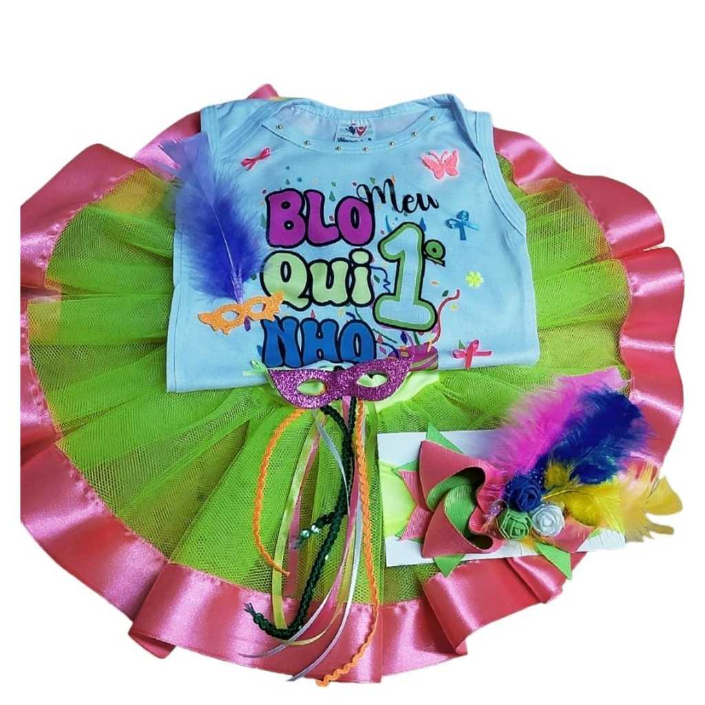 Conjunto Tutu Meu Primeiro Bloquinho Roupa Bebê  Menina Mesversário Festa Fantasia Infantil Com Body Regatinha e Laço