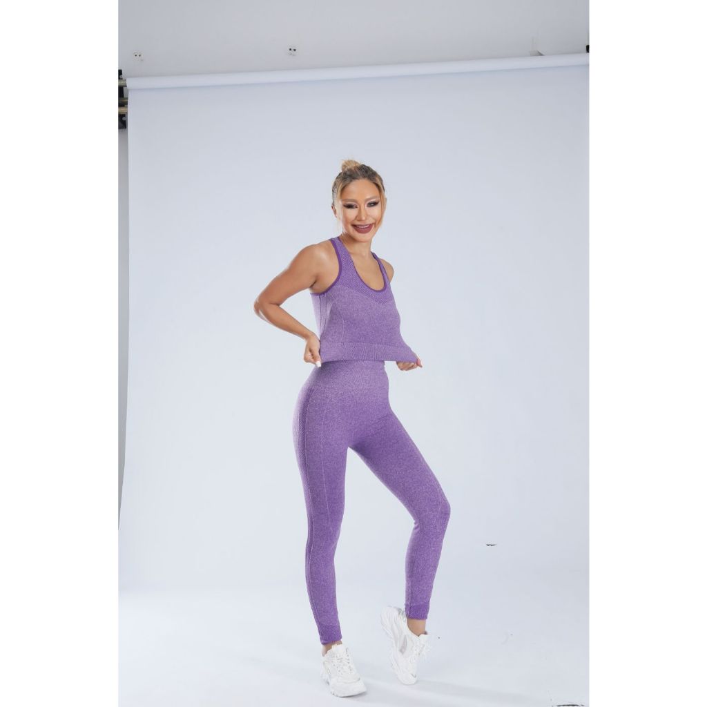 Conjunto Fitness Top Sutiã Legging Levanta Bumbum Sem Costura Cintura Alta Feminino Academia