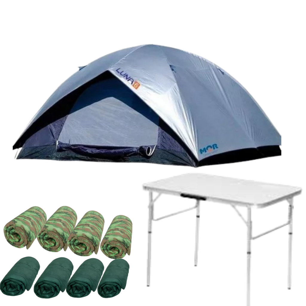 BARRACA DE CAMPING PARA 7 PESSOAS + SACOS DE DORMIR + COLCHONETES + MESA