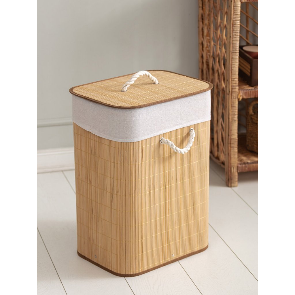 Cesto De Roupa Suja Ou Brinquedos Em Bambu Com Tampa E Forro Promoção