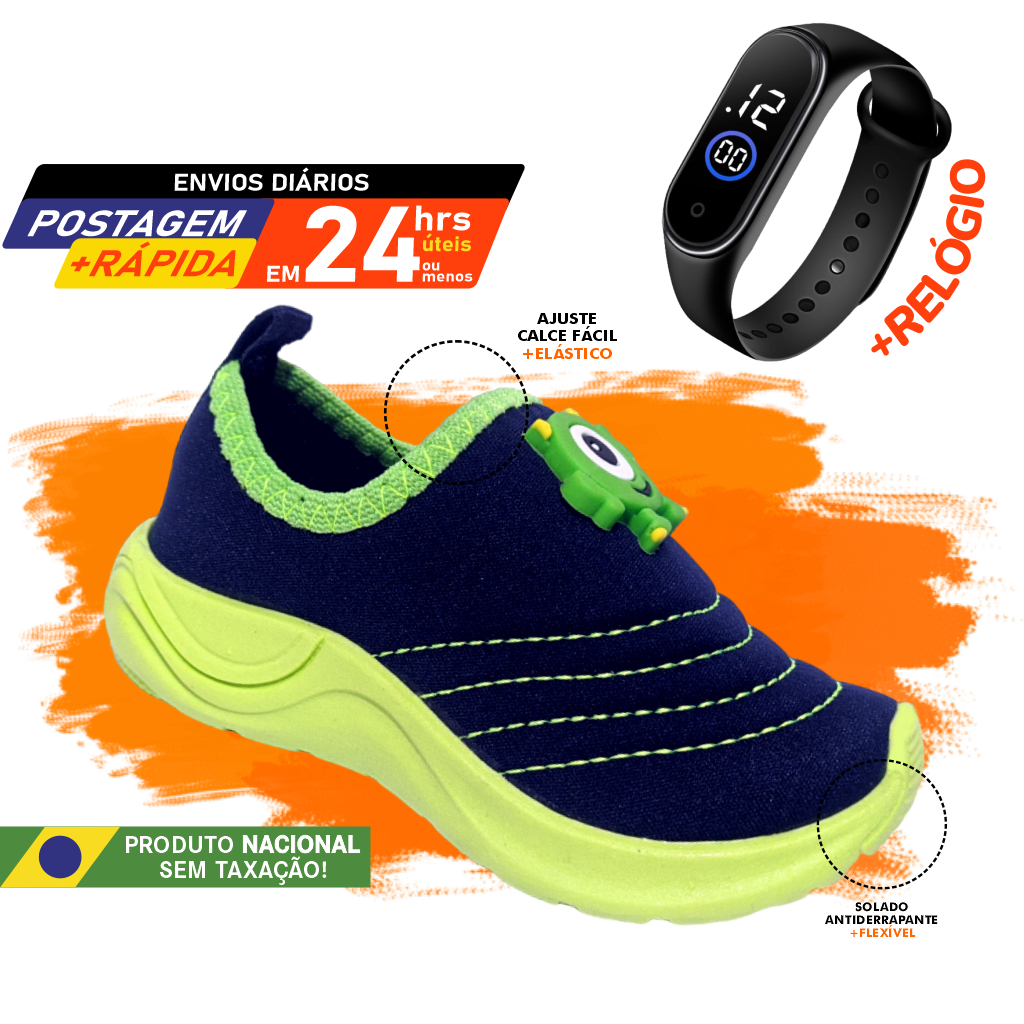 Sapato + Relógio Digital Menino Casual de Enfiar o Pé Calce Fácil Confortável Casual Estiloso Leve Direto da Fábrica Personagens em Oferta na Shopee