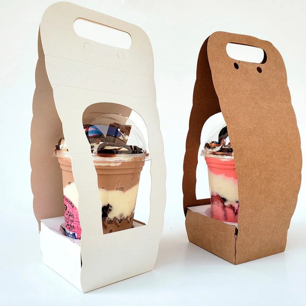 KIT COM 100 UNIDADES - CAIXA SUPORTE PRESENTE PARA COPO DA FELICIDADE DE 330 ML ATÉ 600 ML - CORES KRAFT E BRANCO