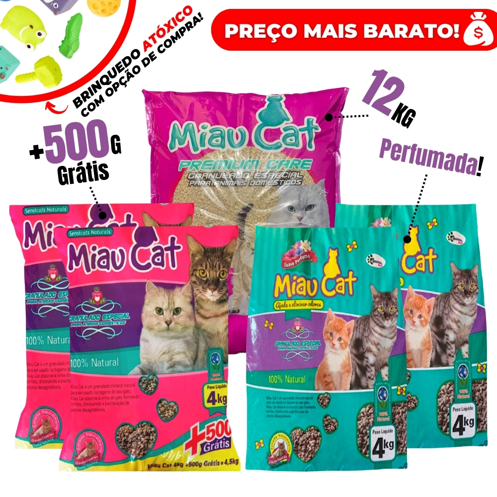 Kit Com *1 ou 5* Pacotes de Areia Sanitária Antiodor Tira Cheiro Miaucat Para Gatos Tradicional 100% Natural