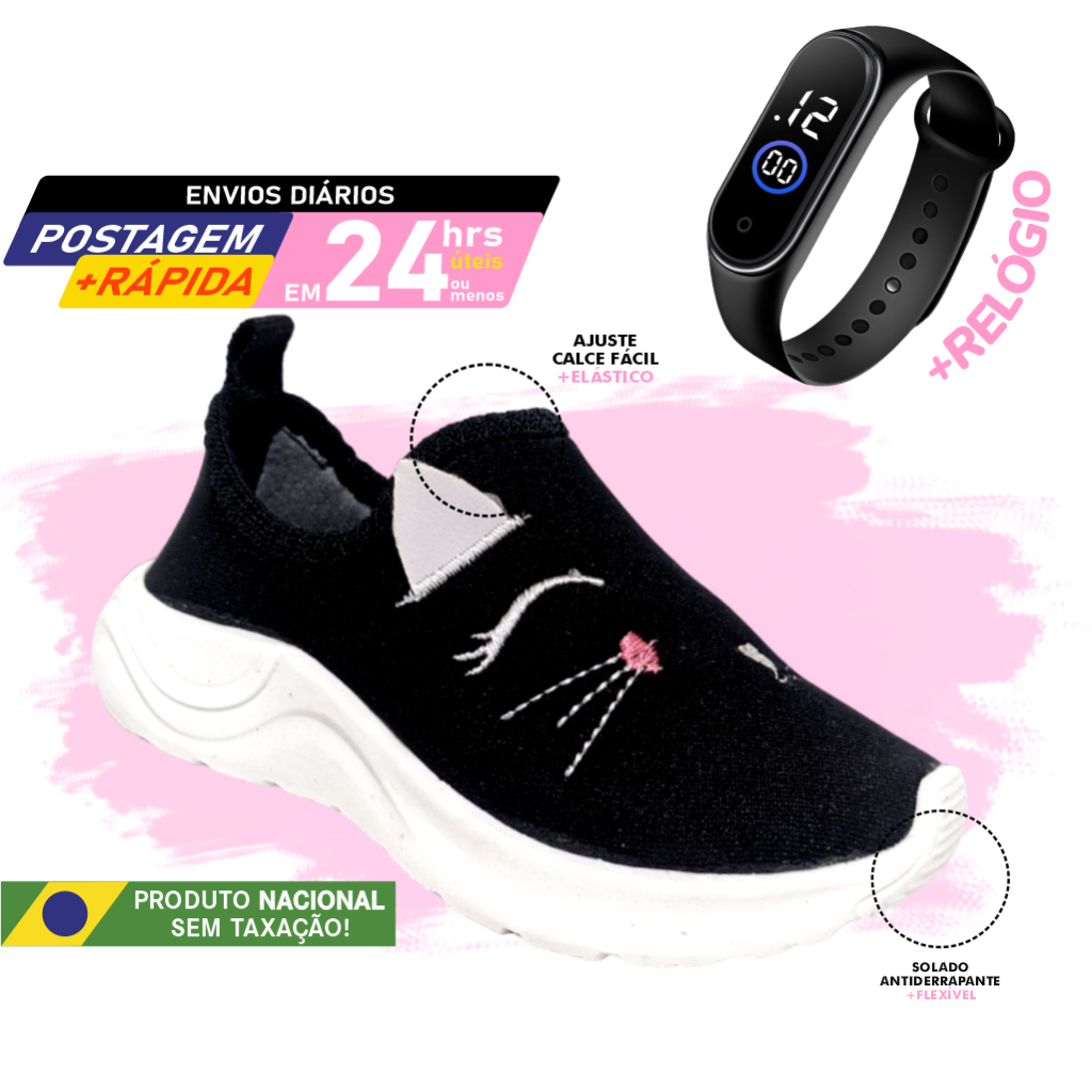 Tênis Gatinha Preto + Relógio Calce Fácil sapato de enfiar o pé elástico sola branco antiderrapante