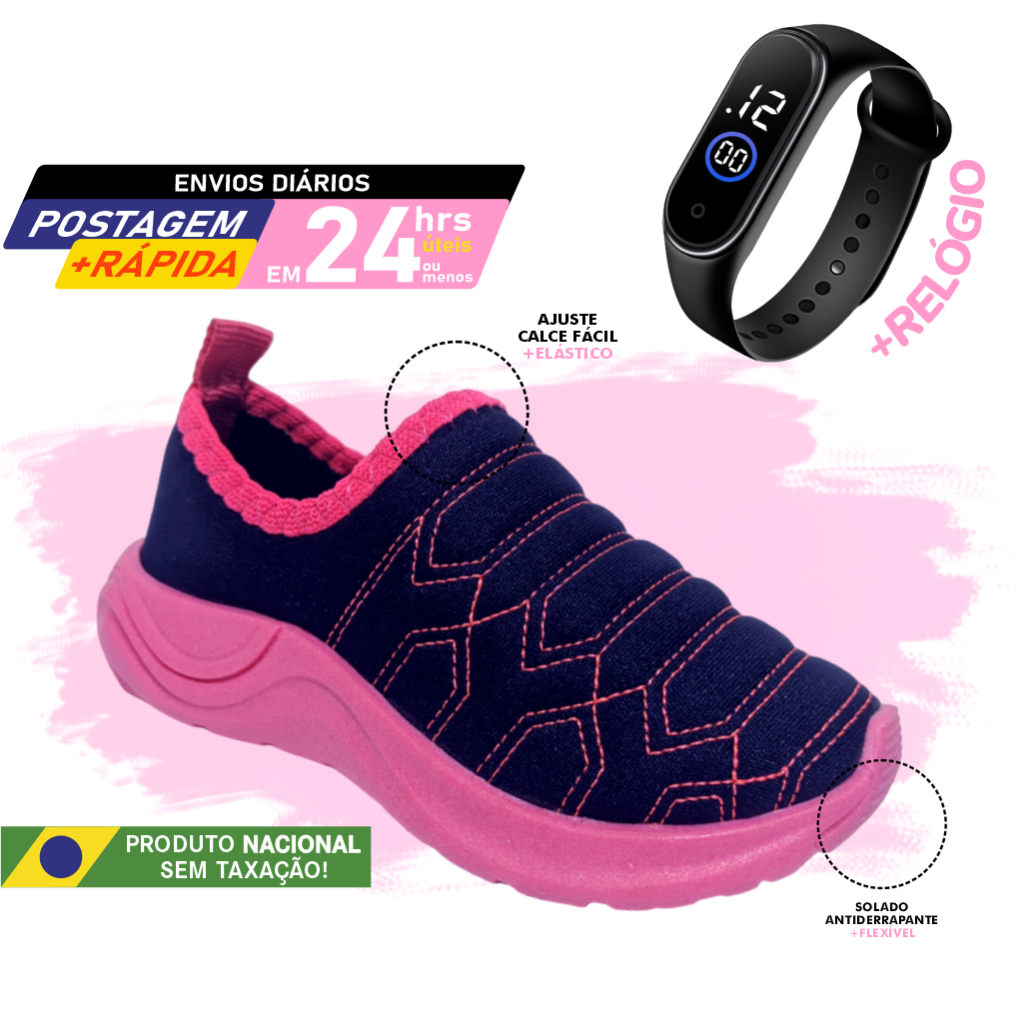 Tênis para menina Marinho e Pink Calce Fácil Slip on Confortável pronta entrega solado escuro sola colorida Kit Combo Com Relogio Digital LED em Oferta na Shopee