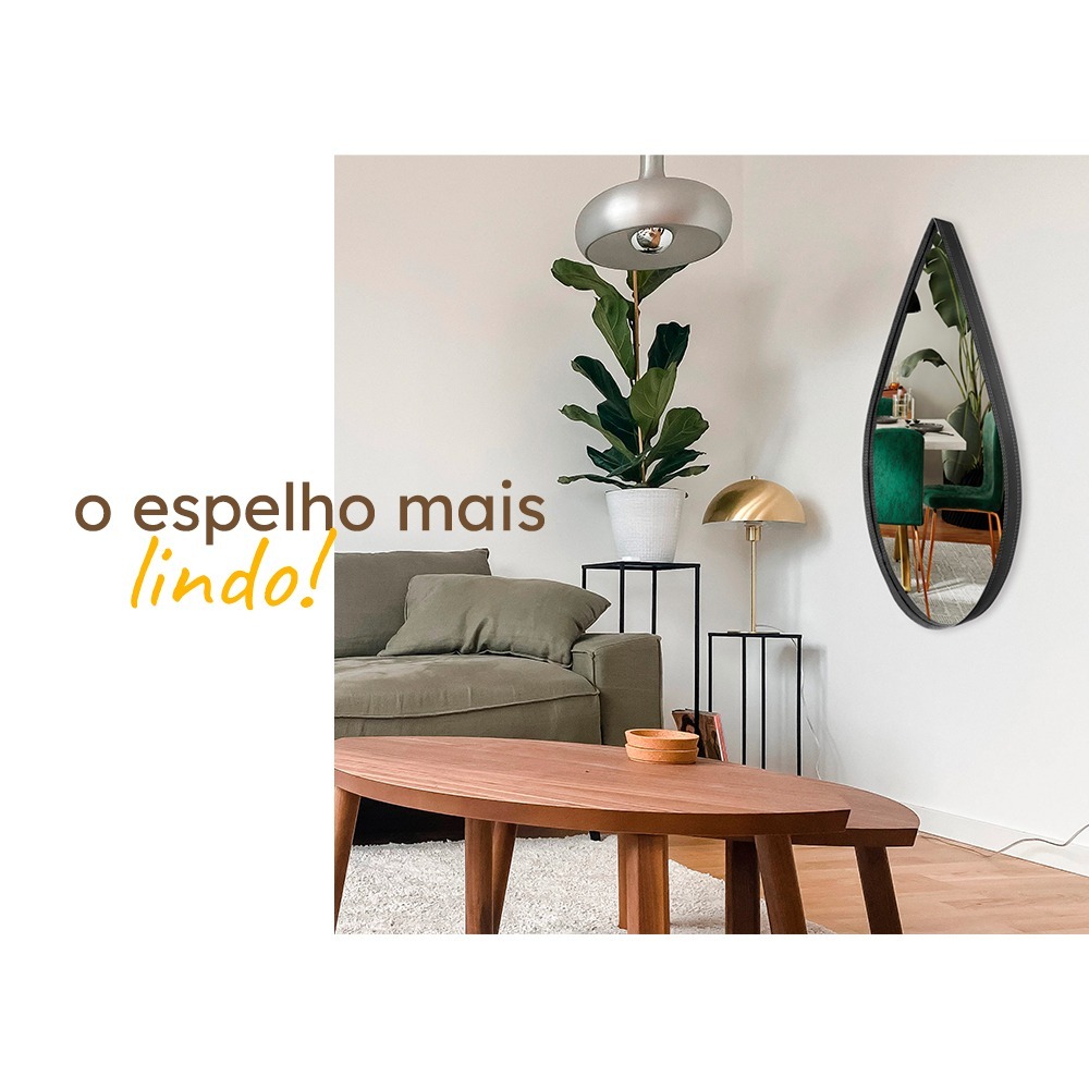 Detalhes do Espelho Pinterest Retrô Grande Orgânico Borda Couro 3cm Decorativo Sala Quarto 44x64cm Mod. Gota