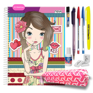 Caderno 10 Matérias Feminino  Material Escolar Universitário Caderno 10 Matérias + Kit com 9 itens