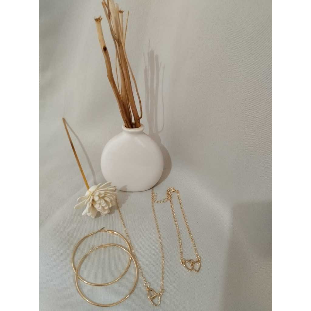 Kit Tornozeleira Coração Duplo + Colar Feminino Dourado Banhado + Brinco Argola Ouro 18k Achadinhos Luxo