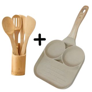 Kit Frigideira Antiaderente 3 em 1 19cm com 4 Utensílios de Bambu para Ovos e Hambúrgueres em Oferta na Shopee