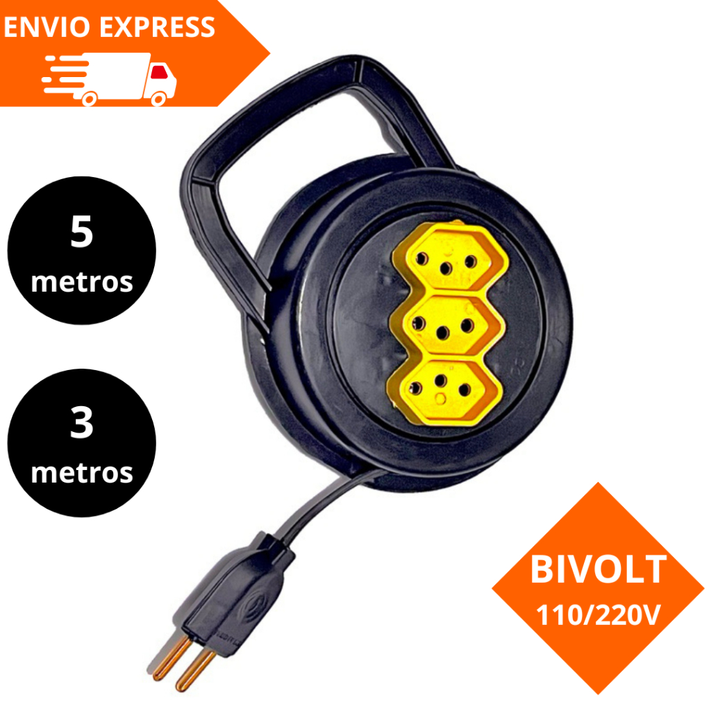 EXTENSÃO 3/5 METROS REDONDA RETRATIL 110-220V bivolt  3 ENTRADAS - COR SORTIDA