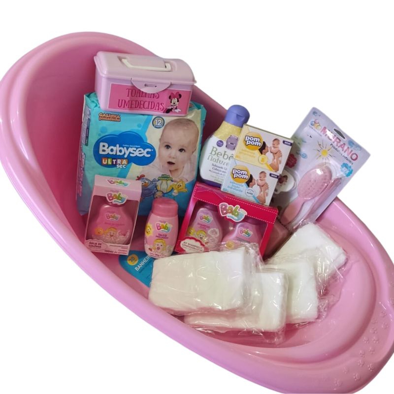 Kit com Banheira Fralda Babysec e Produtos para Bebês