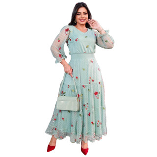 Vestido Midi Godê Tule Estampado Floral Manga Princesa Bruna Moda Evangélica Festa CN