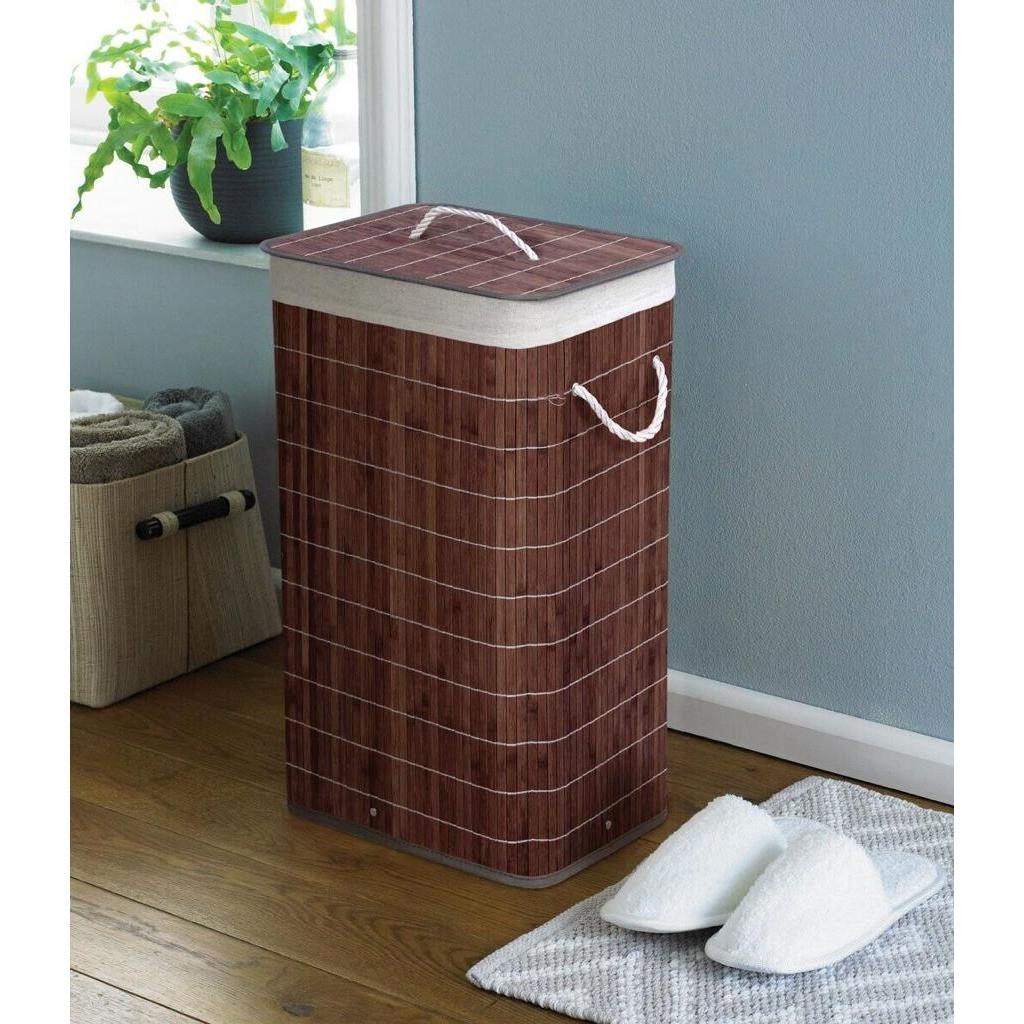 Cesto De Roupa Suja Ou Brinquedos Em Bambu Com Tampa E Forro Decoração