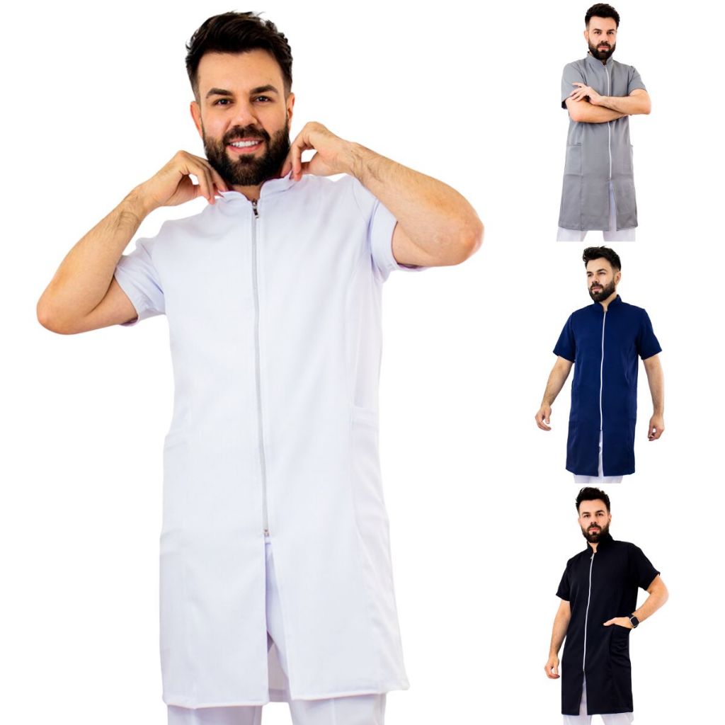 Jaleco Slim Masculino Manga Curta Várias Cores Gola Padre Zíper Profissional Veterinário Médico Dentista Estudante Consultório