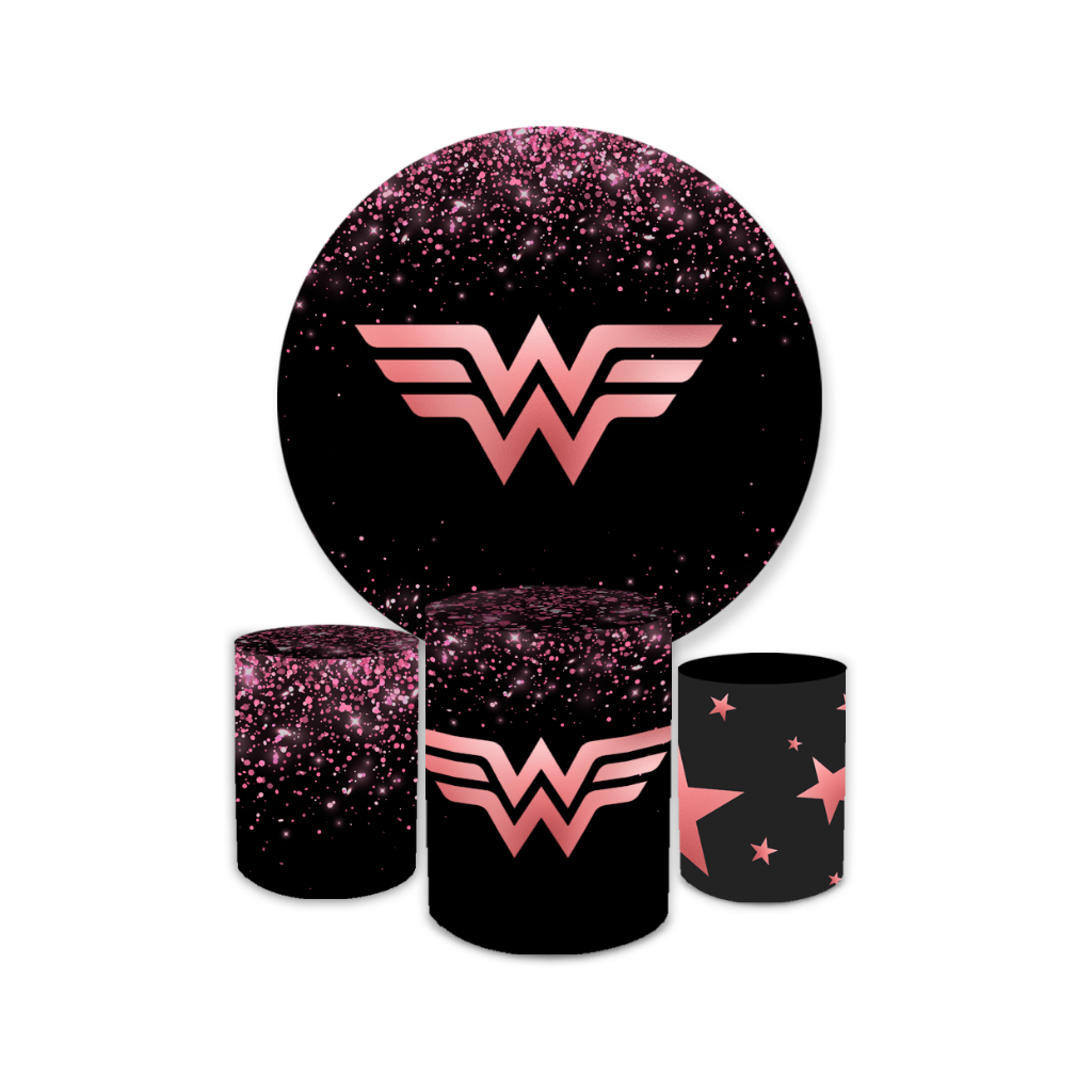 Kit Festa Capa Painel Redondo + Trio Capa Cilindros Mulher Maravilha Preto com Rosa