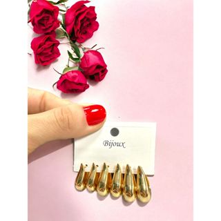 Brinco Trio Feminino Argola Gota de Metal Folheada a ouro 18k BR22