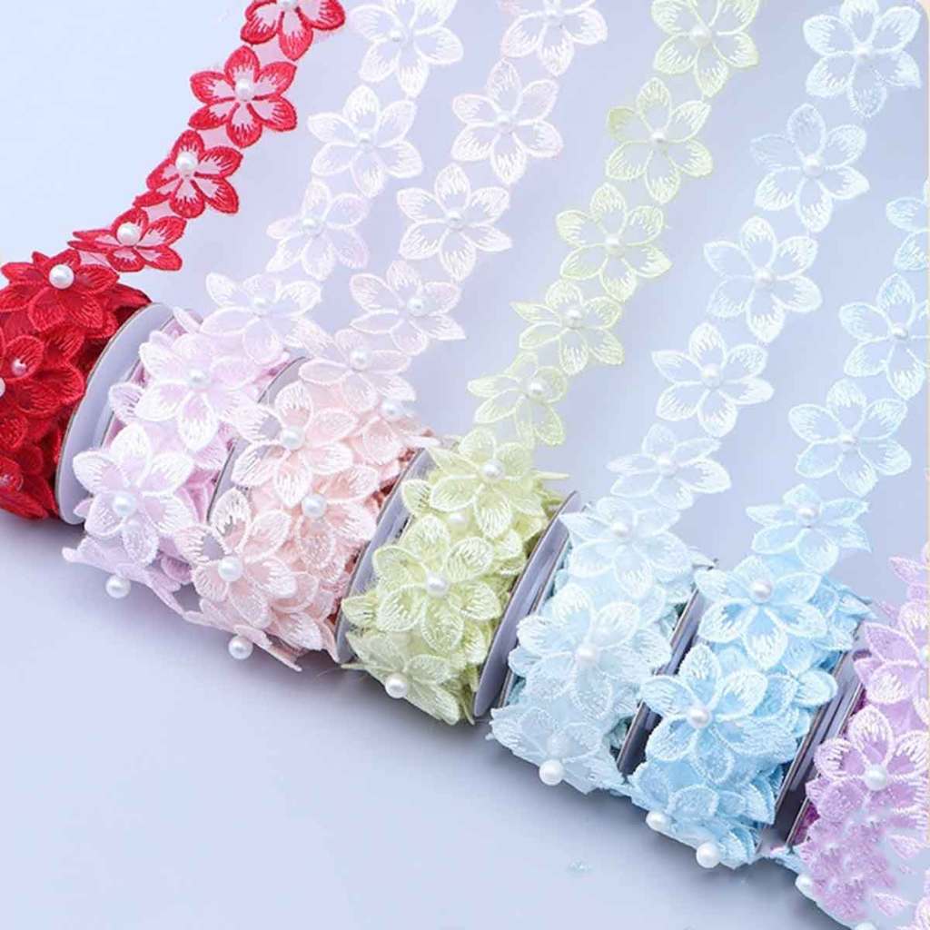 Flor de Tecido Bordadas de Renda Com Pérolas Bordadas Costura em Oferta na Shopee