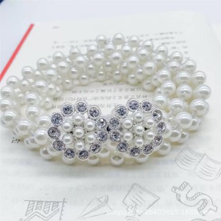 Cinto Elástico Pérolas Fivela Dourada com Strass Feminino