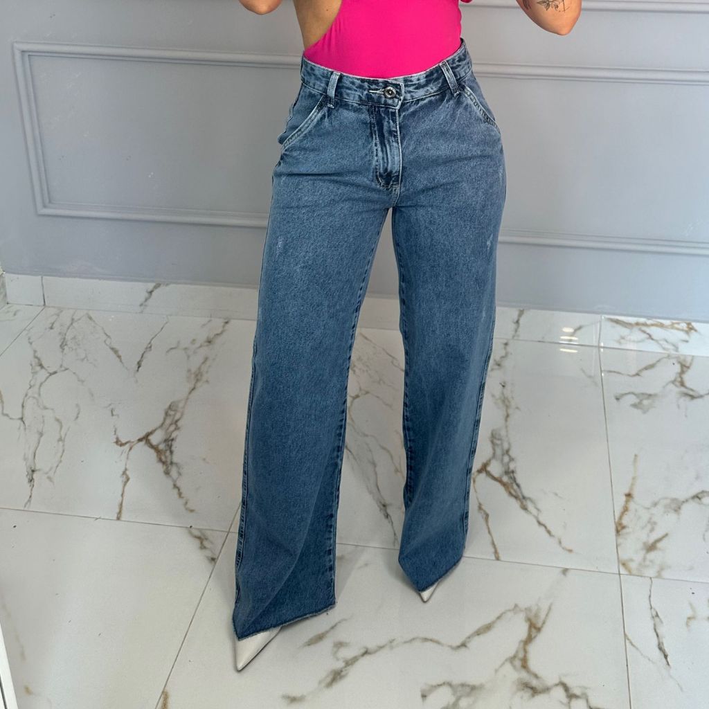 Calça Jeans Feminina Wide Leg Cintura Alta Marmorizada Sem Laicra Elastano