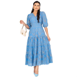 Vestido Midi Carol Renda Manga Curta Princesa Laise Festa Casamento Madrinha CN