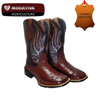 Bota Texana Country Cano alto avestruz e bordado asas