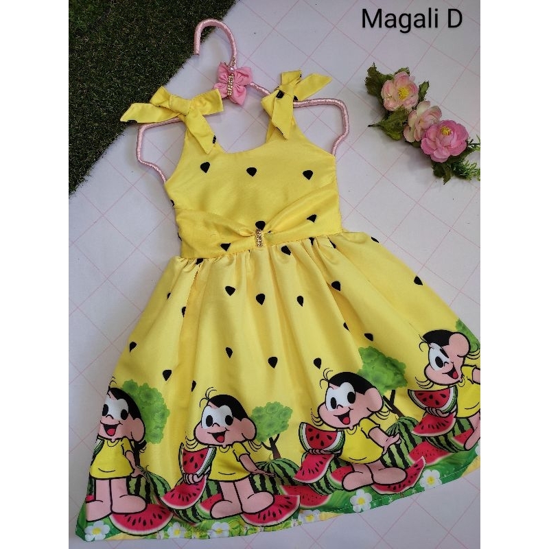 Vestido infantil tematicos, Sticht,galinha pintadinha,  pepa, Magali amarelo, marcha e urso minie e barbie