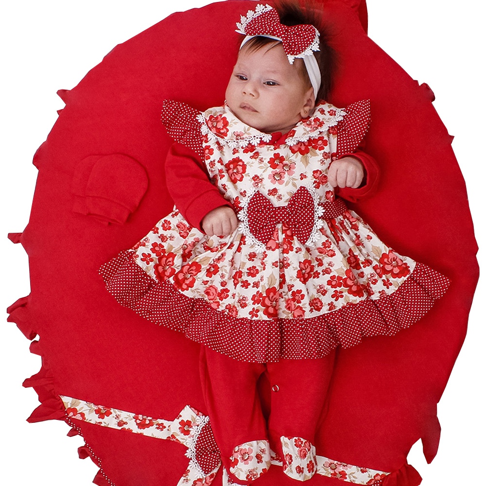 Saída de Maternidade Menina Ísis Luxo Floral Vermelha 05 Peças