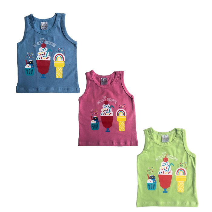 Regata Bebê Menina Estampa Sorvete Regatinha Infantil Cato Lele Bebe Rosa Verde Azul Tamanho 1 2 3 Feminino  REF:2302