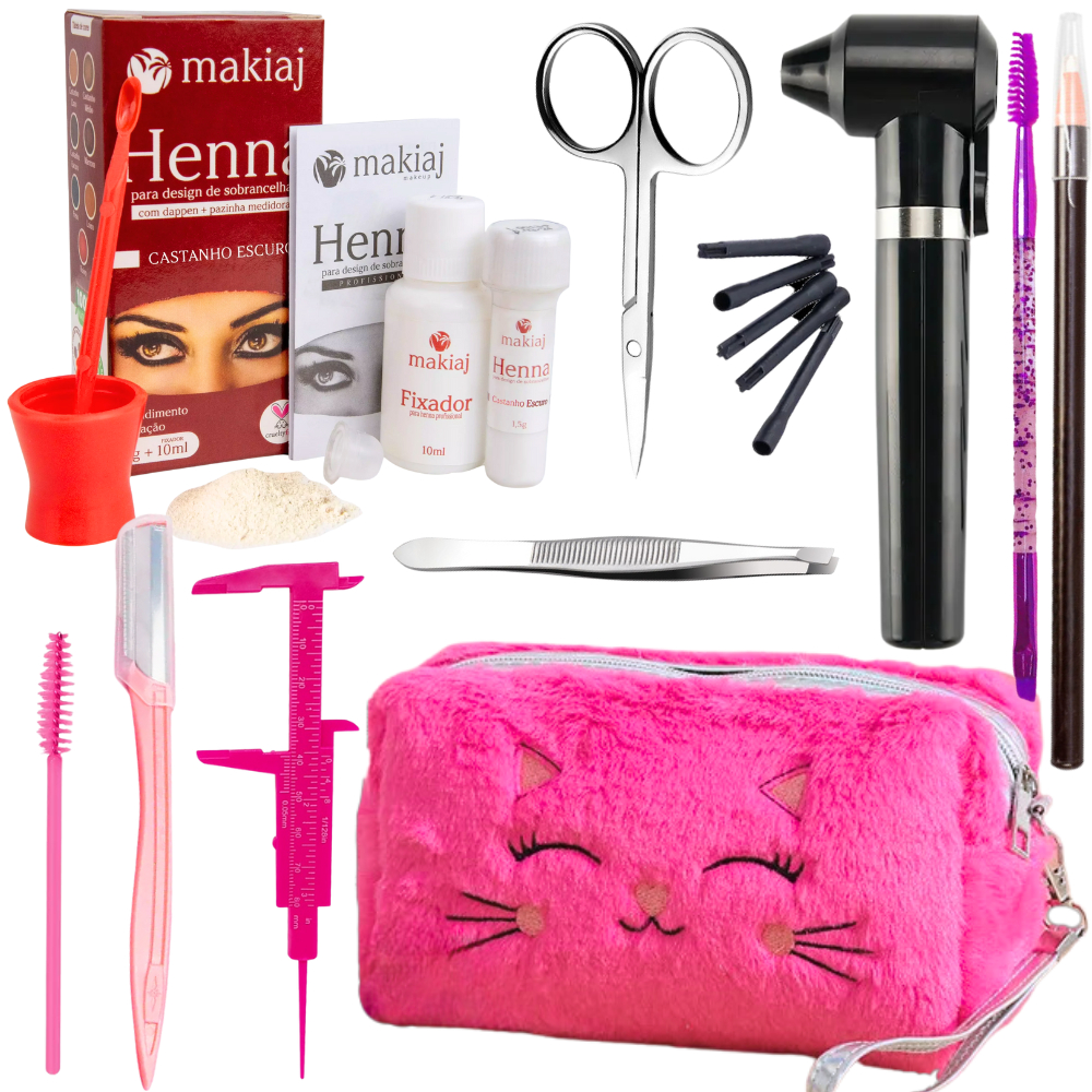 Kit Designer Sobrancelhas Henna Profissional Renna Makiaj Sobrancelha Alta Fixação Necessaire Mixer