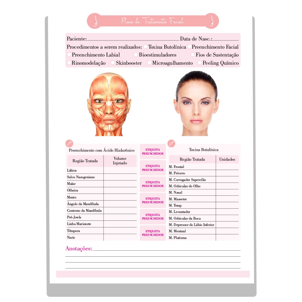 100 FOLHAS FICHA DE ANAMNESE BOTOX TRATAMENTO EM BLOQUINHO