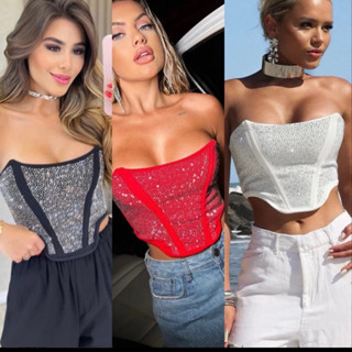 Cropped com Brilho Pedraria Feminino Corselet carnaval com Amarração nova Tendencia verao 2024