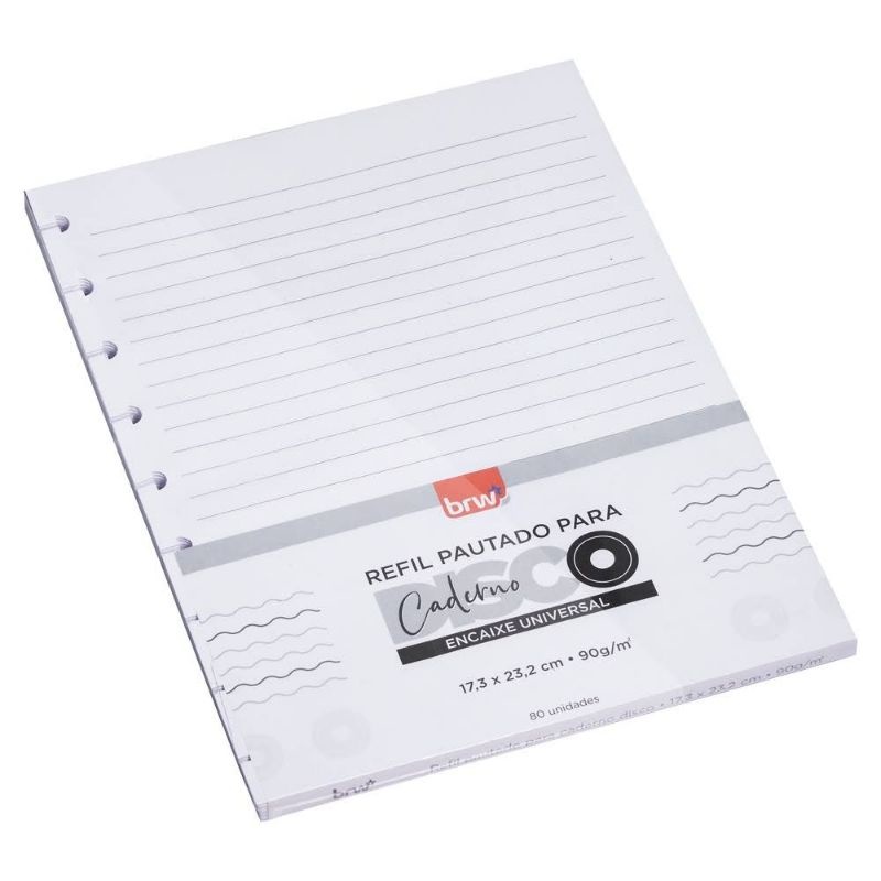 Refil Papel Pautado e Sem Pauta Branco e Colorido para Caderno de Disco 40 Folhas BRW
