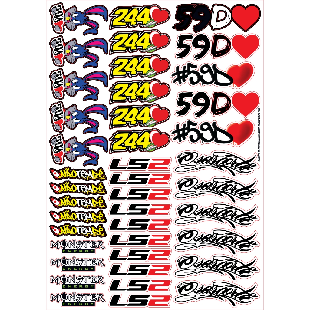 Mega Cartela 41 ADESIVOS 59d 244 Pernaloga  Ls2 Osascorte Cartela Moto Bike Carro Caminhão Bicicleta