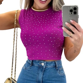 Cropped Blusa Regata Feminina Thaís Com Brilho Strass Super Elegante no Verão.