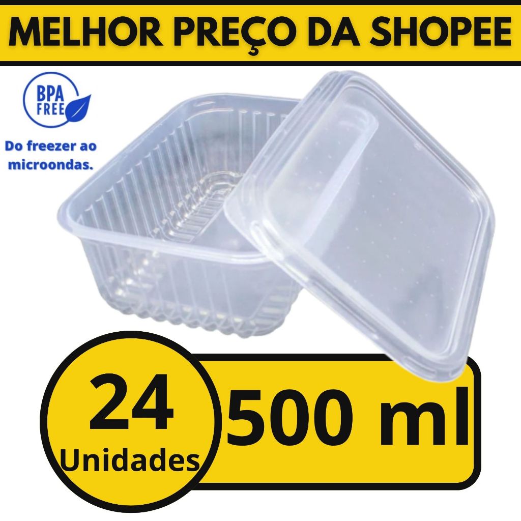 Kit 24 Potes 500ml para Marmitas Embalagem Descartável Retangular para Freezer Microondas Fitness Bolos Salgados Doces em Oferta na Shopee