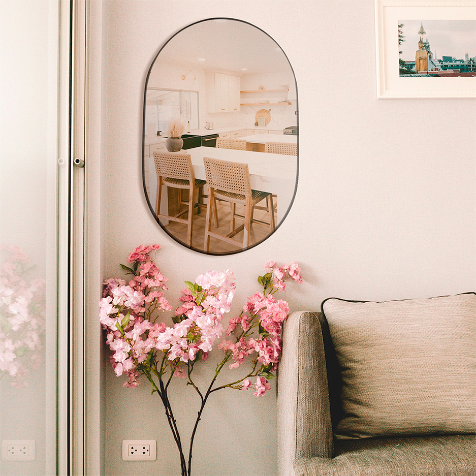 Espelho Pinterest Grande Orgânico Borda Couro 3cm Decorativo Sala Quarto 44x64cm Mod. Pílula