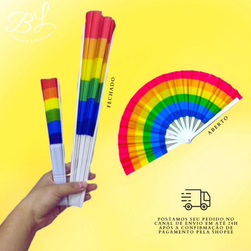 Leque de Mäo Arco-iris Colorido De Plástico Tamanhos P e G