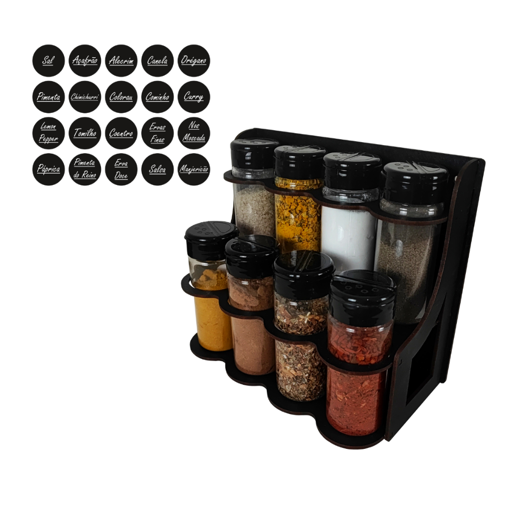 Porta Temperos Cozinha 8 Potes com 20 Etiquetas Para Mesa e Bancada de Cozinha