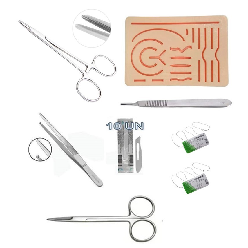Kit Sutura Simples 7 Peças Aço Inoxidável P/ Estudante + Pele Simuladora para Treino em Oferta na Shopee