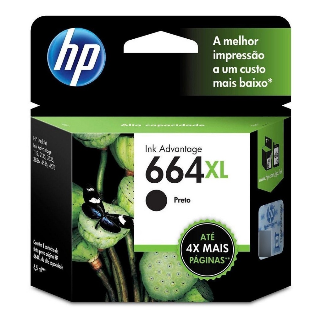 Cartucho HP 664XL Preto Original (F6V31AB) - 2136, 2676, 3636,3776, 5076, 5276