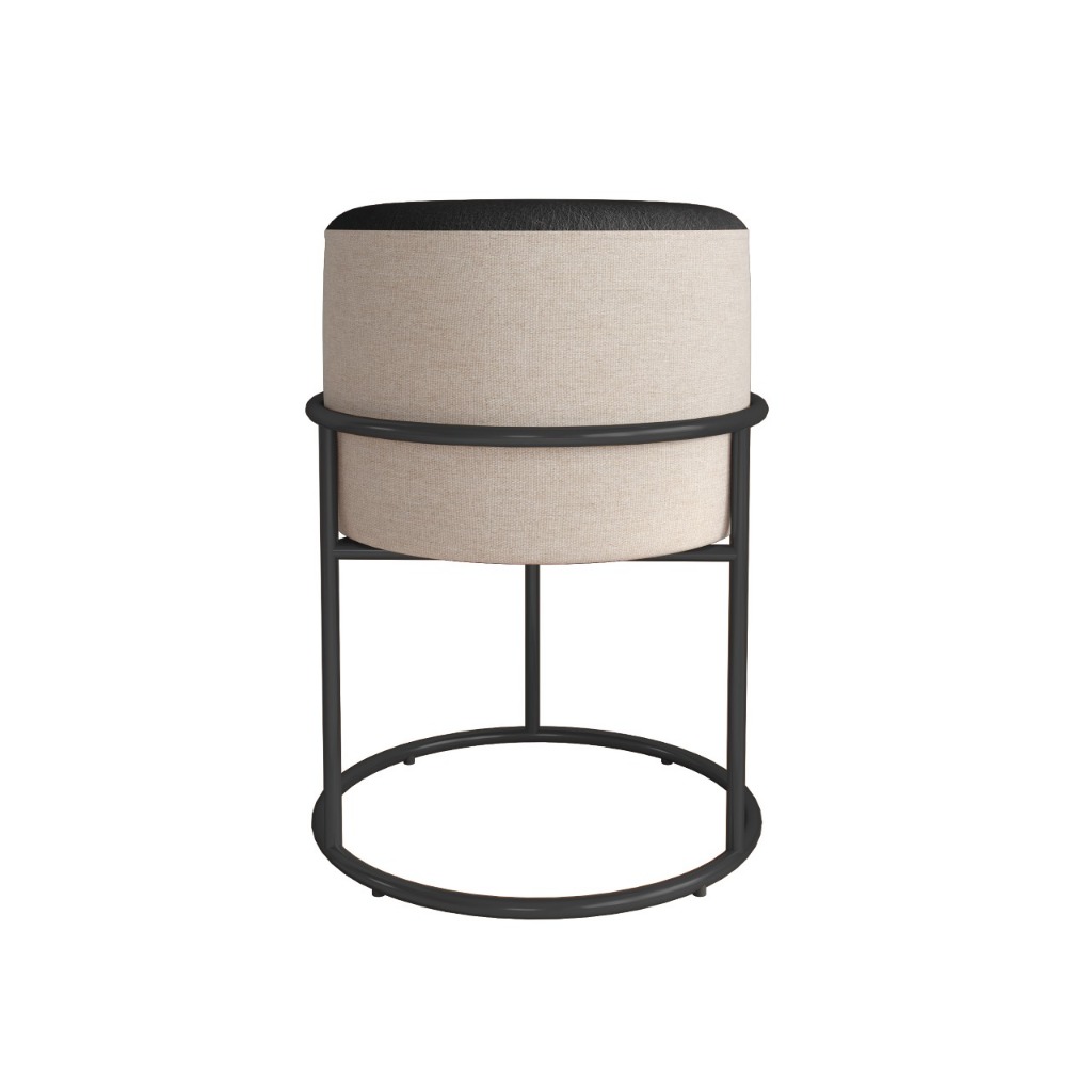 Puff Banqueta Iron Em Couro E Linho Bege Decorativo Base Argola De Ferro Preto Metalizado